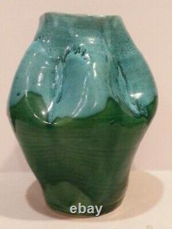 Vintage Studio Art Pottery Pinched Aqua Blue & Green Lava Drip Glaze Vase RARE