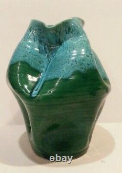 Vintage Studio Art Pottery Pinched Aqua Blue & Green Lava Drip Glaze Vase RARE