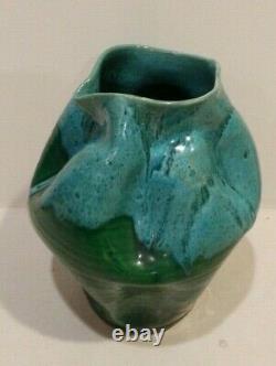Vintage Studio Art Pottery Pinched Aqua Blue & Green Lava Drip Glaze Vase RARE