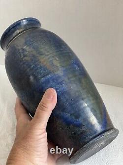 Vintage Studio Art Pottery Raku Iridescent Metallic Fired Vase Blue Signed 9.5
