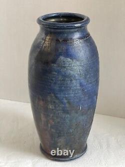 Vintage Studio Art Pottery Raku Iridescent Metallic Fired Vase Blue Signed 9.5