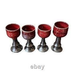 Vintage Studio Art Pottery Red Glazed Wine Chalices Cups, Signed Gerry Williams