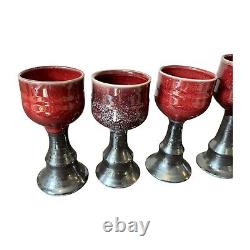 Vintage Studio Art Pottery Red Glazed Wine Chalices Cups, Signed Gerry Williams