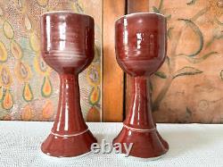 Vintage Studio Art Pottery Red Wine Chalice Glasses Signed Gerry Williams (2)