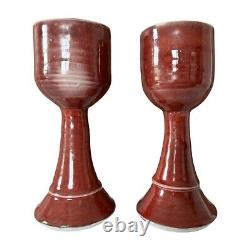 Vintage Studio Art Pottery Red Wine Chalice Glasses Signed Gerry Williams (2)