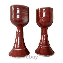Vintage Studio Art Pottery Red Wine Chalice Glasses Signed Gerry Williams (2)