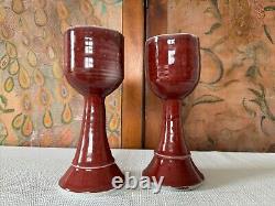 Vintage Studio Art Pottery Red Wine Chalice Glasses Signed Gerry Williams (2)