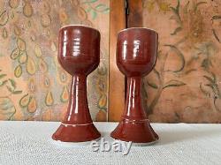 Vintage Studio Art Pottery Red Wine Chalice Glasses Signed Gerry Williams (2)
