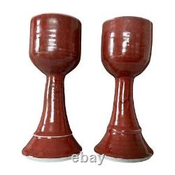 Vintage Studio Art Pottery Red Wine Chalice Glasses Signed Gerry Williams (2)
