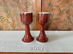 Vintage Studio Art Pottery Red Wine Chalice Glasses Signed Gerry Williams (2)