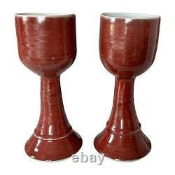 Vintage Studio Art Pottery Red Wine Chalice Glasses Signed Gerry Williams (2)