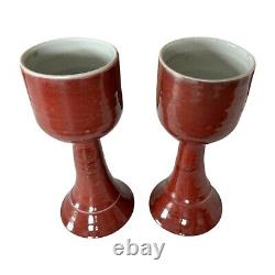 Vintage Studio Art Pottery Red Wine Chalice Glasses Signed Gerry Williams (2)