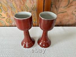 Vintage Studio Art Pottery Red Wine Chalice Glasses Signed Gerry Williams (2)