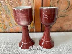 Vintage Studio Art Pottery Red Wine Chalice Glasses Signed Gerry Williams (2)