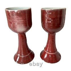 Vintage Studio Art Pottery Red Wine Chalice Glasses Signed Gerry Williams (2)