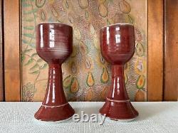 Vintage Studio Art Pottery Red Wine Chalice Glasses Signed Gerry Williams (2)