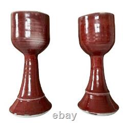 Vintage Studio Art Pottery Red Wine Chalice Glasses Signed Gerry Williams (2)