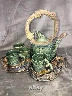 Vintage Studio Art Pottery Stoneware Tea Pot 4 Mugs & Tray Artist Signed Wow