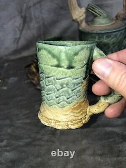 Vintage Studio Art Pottery Stoneware Tea Pot 4 Mugs & Tray Artist Signed Wow