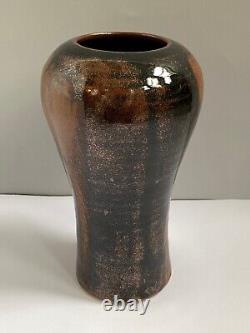 Vintage Studio Art Pottery Stoneware Vase Golden Tenmoku Signed Japanese Brown