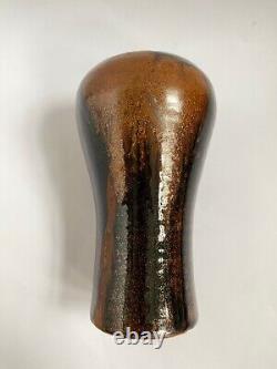 Vintage Studio Art Pottery Stoneware Vase Golden Tenmoku Signed Japanese Brown