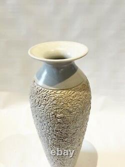 Vintage Studio Art Pottery Textured gray modern brutalist primitive Vase Signed