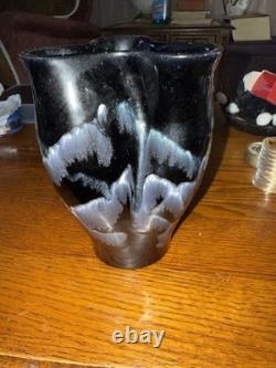 Vintage Studio Art Pottery Vase Black&Silver Crystalline Glaze Hand Thrown7.25