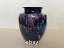 Vintage Studio Art Pottery Vase Blue Drip Glaze Purple, Signed by Artist, 9 T
