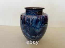 Vintage Studio Art Pottery Vase Blue Drip Glaze Purple, Signed by Artist, 9 T