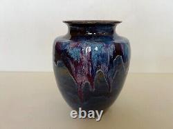 Vintage Studio Art Pottery Vase Blue Drip Glaze Purple, Signed by Artist, 9 T