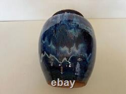 Vintage Studio Art Pottery Vase Blue Drip Glaze Purple, Signed by Artist, 9 T