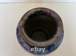 Vintage Studio Art Pottery Vase Blue Drip Glaze Purple, Signed by Artist, 9 T