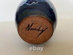 Vintage Studio Art Pottery Vase Blue Drip Glaze Purple, Signed by Artist, 9 T
