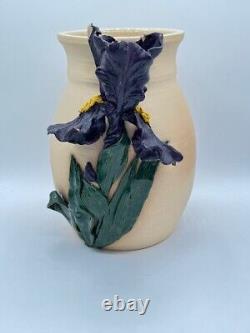 Vintage Studio Art Pottery Vase with Applied Iris Flower Signed McAvoy 2000