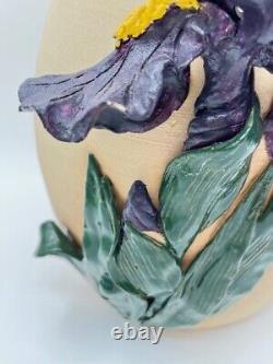 Vintage Studio Art Pottery Vase with Applied Iris Flower Signed McAvoy 2000