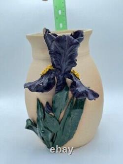 Vintage Studio Art Pottery Vase with Applied Iris Flower Signed McAvoy 2000