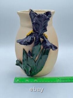 Vintage Studio Art Pottery Vase with Applied Iris Flower Signed McAvoy 2000