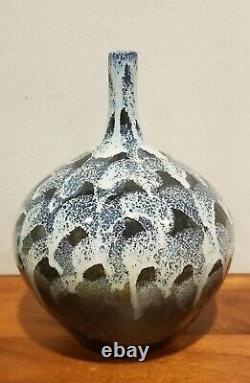 Vintage Studio Art Pottery Weed Pot Glazed Blue Black White Green 8.75 T