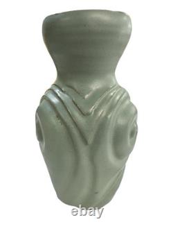 Vintage Studio Art Stoneware Pottery Ribbed Blue Vase MID Century Van Briggle