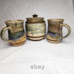 Vintage Studio Art Stoneware Pottery Signed Galloway 2 Mugs with Canister