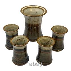 Vintage Studio Art Stoneware Pottery Wine Chiller and 4 Goblets Signed Canada