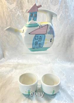 Vintage Studio Ceramic Art Pottery Quirky HOUSE & DOG Design TEAPOT Tea Cup Set
