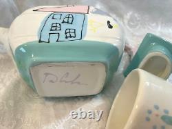 Vintage Studio Ceramic Art Pottery Quirky HOUSE & DOG Design TEAPOT Tea Cup Set