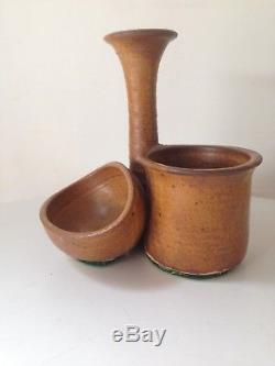 Vintage Studio Ceramic Pottery Bud Vase Bowl Trio Mid Century Modern Weedpot