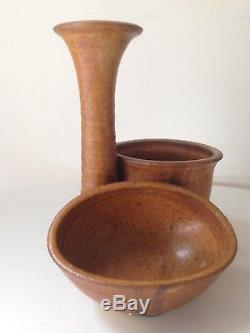 Vintage Studio Ceramic Pottery Bud Vase Bowl Trio Mid Century Modern Weedpot