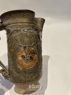 Vintage Studio Folk Art Pottery SIGNED Wendy 89 CAT BIRD Mystic pitcher creamer