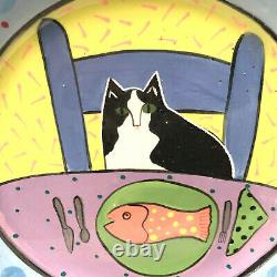 Vintage Studio Handcrafted Stoneware Cat With Fish Platter Signed Solveig Cox 99