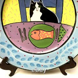 Vintage Studio Handcrafted Stoneware Cat With Fish Platter Signed Solveig Cox 99