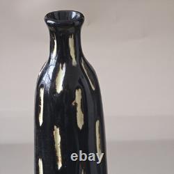 Vintage Studio Pottery 18 Bottle Vase Brutalist Black Cream Textured MCM Art