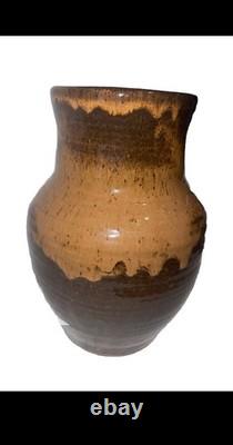 Vintage Studio Pottery 8 Inch Brown Drip Glaze Vase Signed Artist Miller